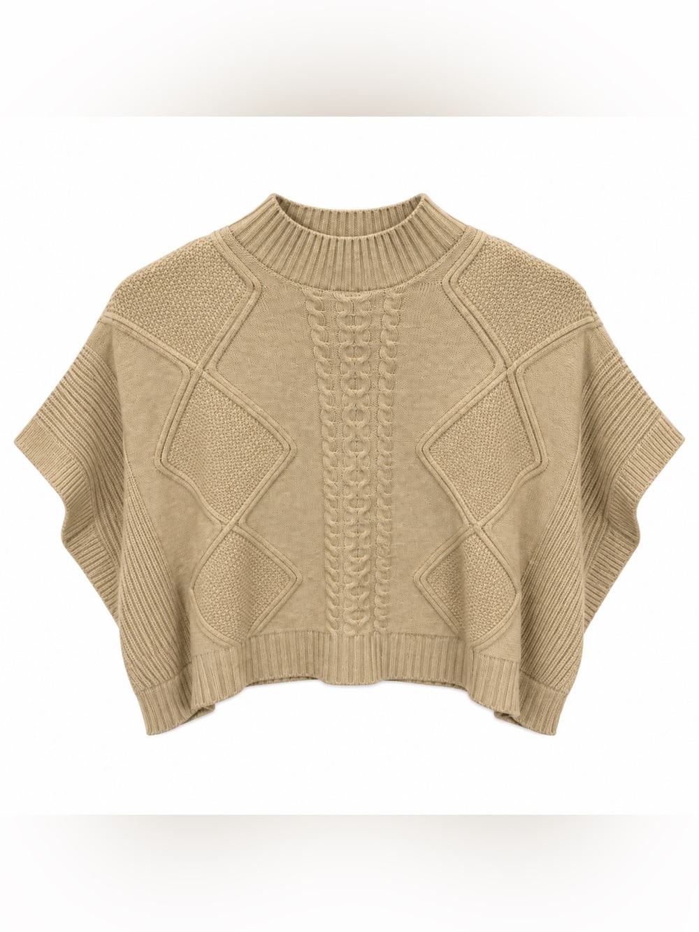 Pinch Women’s S Beige Cable Knit Mock Neck Poncho Sweater Cape Oversized